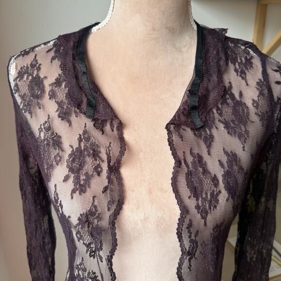 Whimsygoth Burgundy Sheer Lace Blouse Romantic Witchy Long Sleeve Top Coquette - Picture 4 of 10